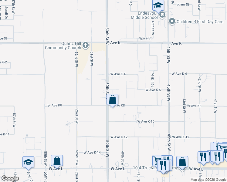 map of restaurants, bars, coffee shops, grocery stores, and more near 43256 Durango Lane in Lancaster