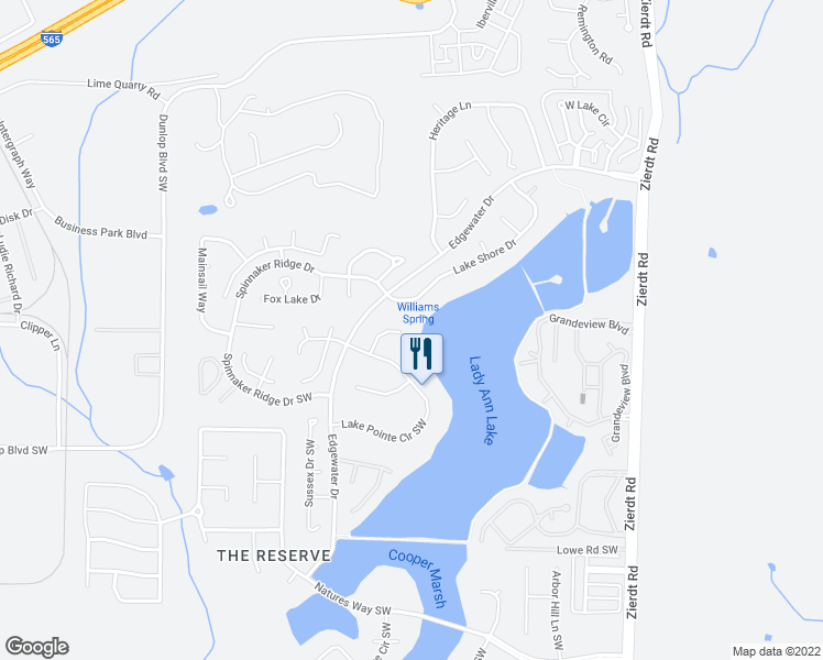 map of restaurants, bars, coffee shops, grocery stores, and more near 106 Betts Spring Drive Southwest in Huntsville