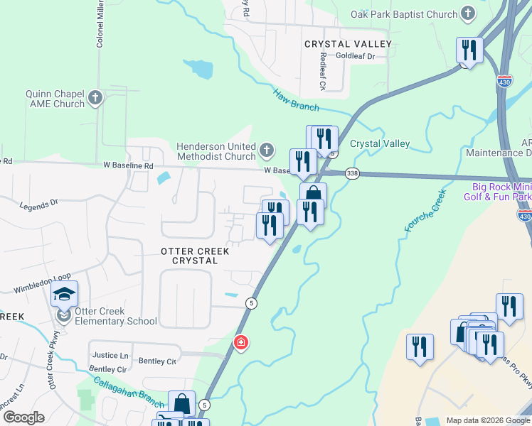 map of restaurants, bars, coffee shops, grocery stores, and more near 1705 Stagecoach Village in Little Rock