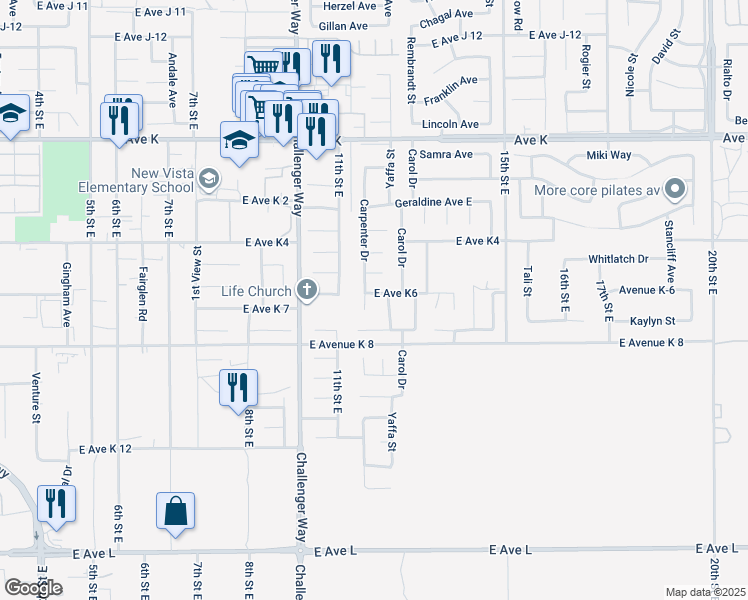 map of restaurants, bars, coffee shops, grocery stores, and more near East Avenue K 6 in Lancaster