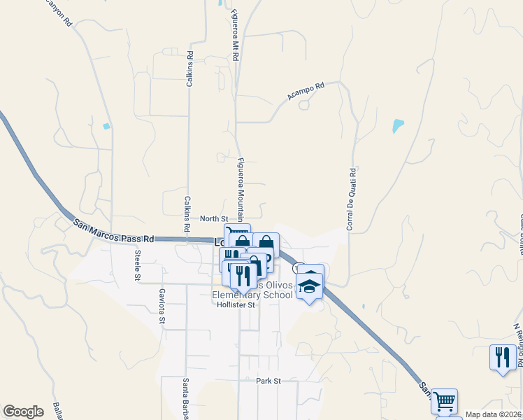map of restaurants, bars, coffee shops, grocery stores, and more near 3050 Figueroa Mountain Road in Los Olivos