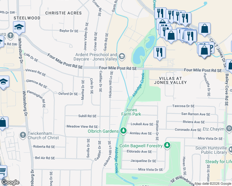 map of restaurants, bars, coffee shops, grocery stores, and more near 802 Petitt Circle Southeast in Huntsville