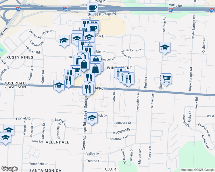 map of restaurants, bars, coffee shops, grocery stores, and more near 5648 Baseline Road in Little Rock