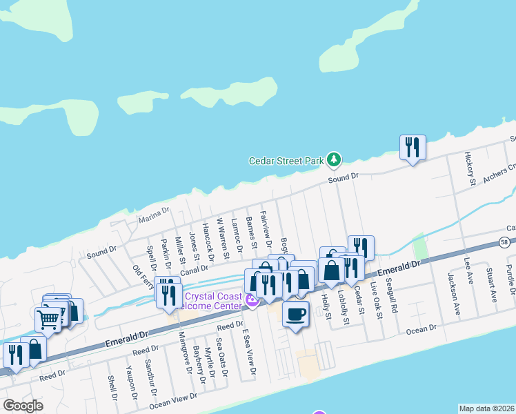 map of restaurants, bars, coffee shops, grocery stores, and more near 301-325 Fairview Dr in Emerald Isle