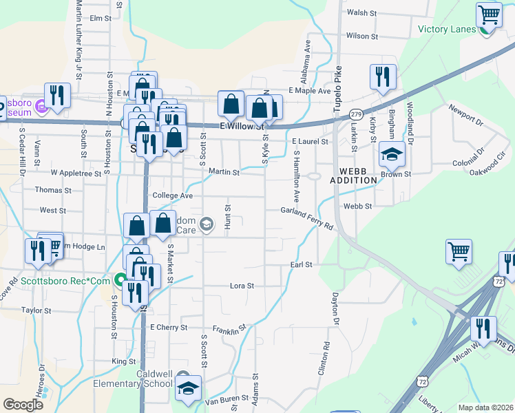 map of restaurants, bars, coffee shops, grocery stores, and more near 416 College Avenue in Scottsboro