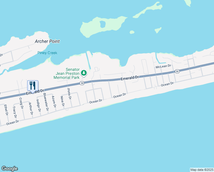 map of restaurants, bars, coffee shops, grocery stores, and more near 111 Ebb Tide Drive in Emerald Isle