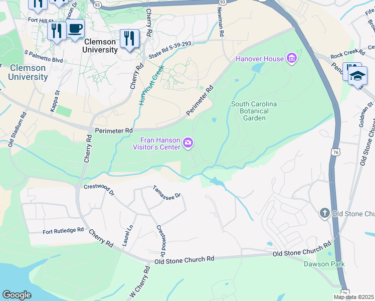 map of restaurants, bars, coffee shops, grocery stores, and more near 150 Discovery Lane in Clemson