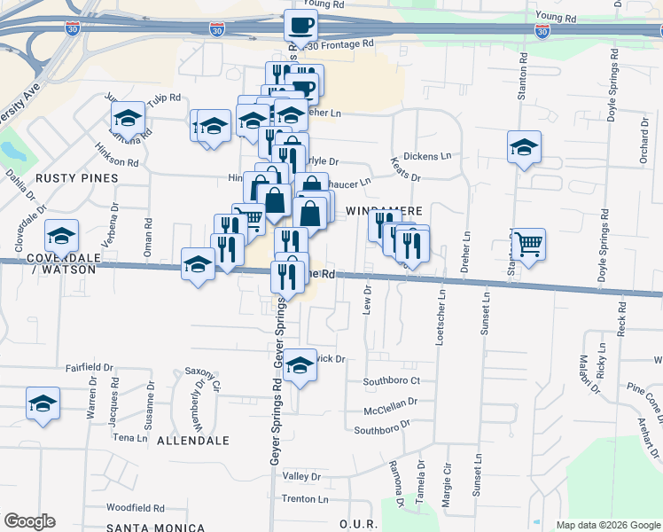 map of restaurants, bars, coffee shops, grocery stores, and more near 5820 Baseline Road in Little Rock