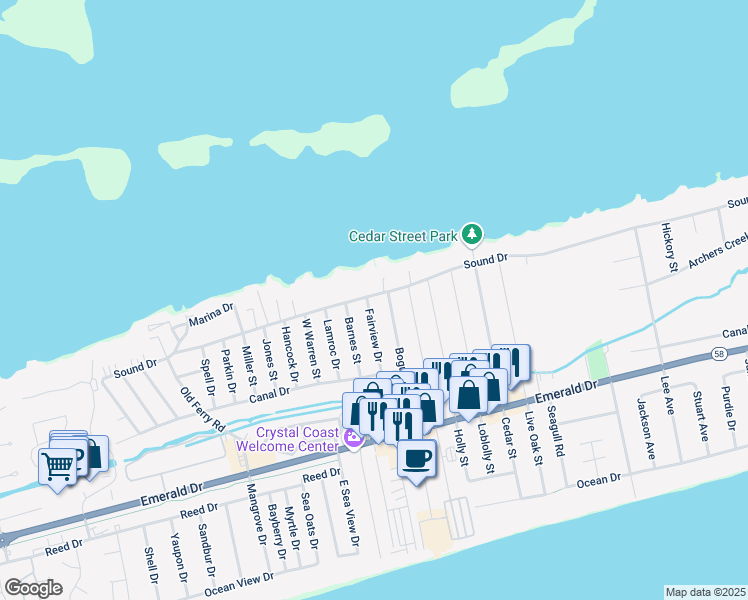 map of restaurants, bars, coffee shops, grocery stores, and more near 301-325 Fairview Dr in Emerald Isle