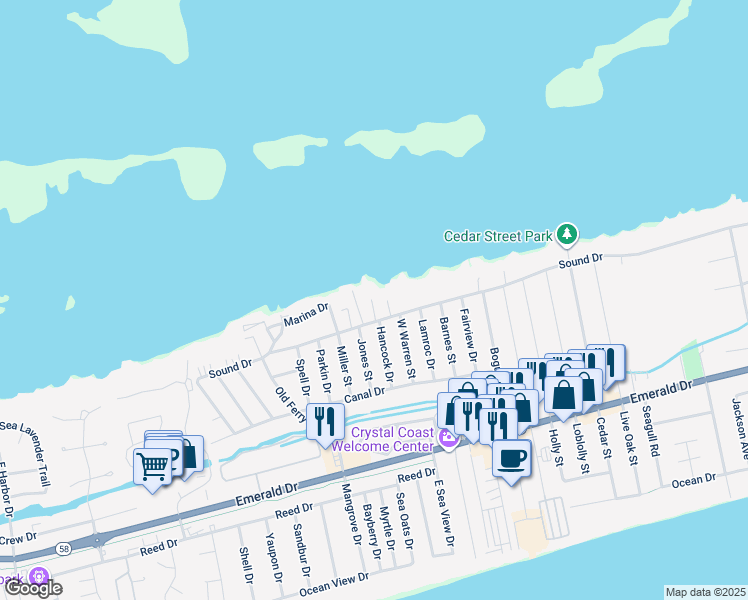 map of restaurants, bars, coffee shops, grocery stores, and more near 8428 Sound Drive in Emerald Isle