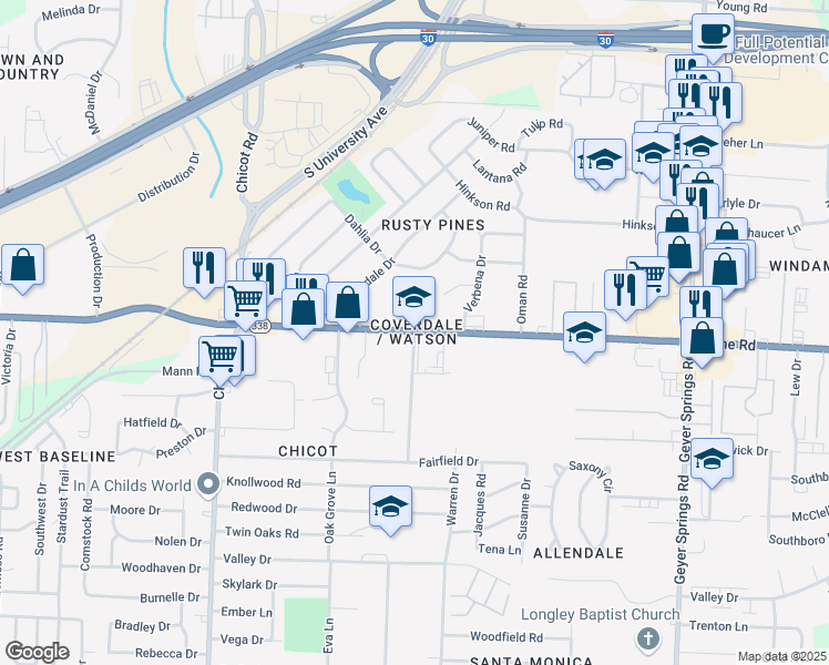 map of restaurants, bars, coffee shops, grocery stores, and more near 8901 Dailey Drive in Little Rock