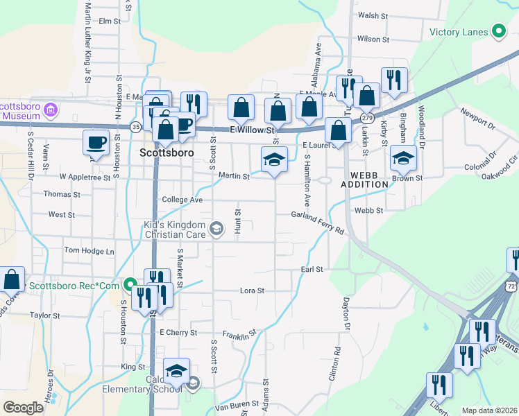 map of restaurants, bars, coffee shops, grocery stores, and more near 416 College Avenue in Scottsboro