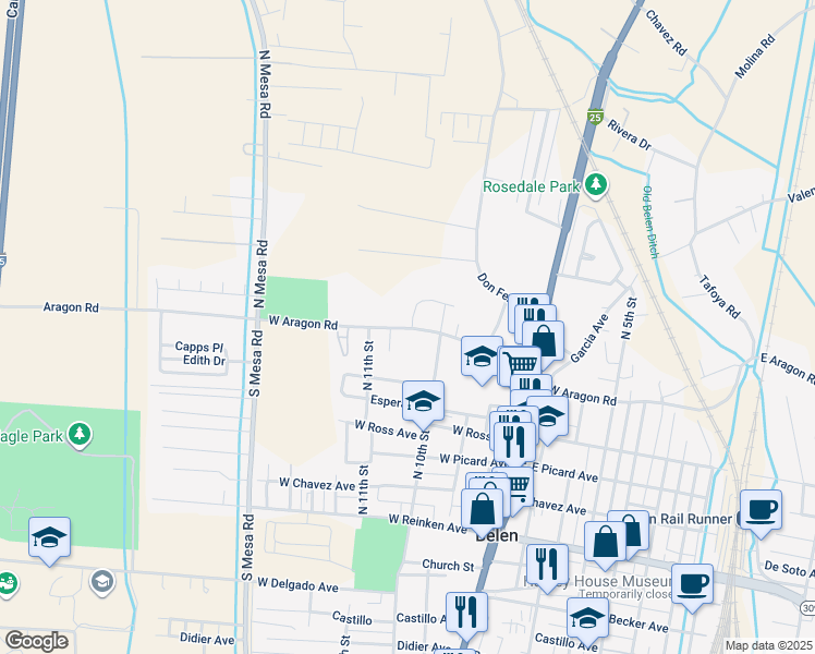 map of restaurants, bars, coffee shops, grocery stores, and more near 1008 West Aragon Road in Belen