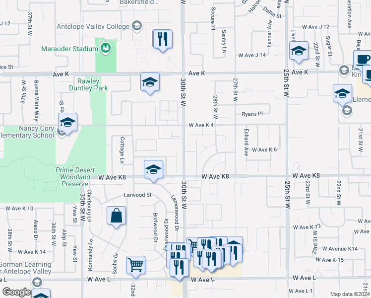 map of restaurants, bars, coffee shops, grocery stores, and more near 43310 30th Street West in Lancaster
