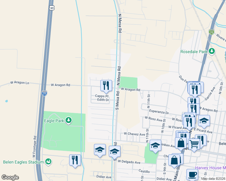 map of restaurants, bars, coffee shops, grocery stores, and more near 1603 West Aragon Road in Belen