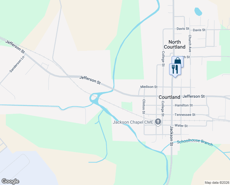 map of restaurants, bars, coffee shops, grocery stores, and more near 2220 Jefferson Street in Courtland