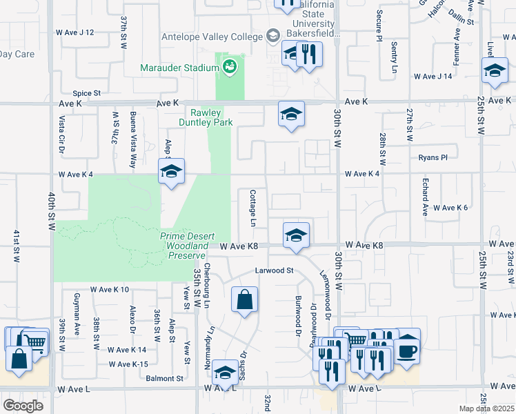 map of restaurants, bars, coffee shops, grocery stores, and more near 43302 Cottage Lane in Lancaster