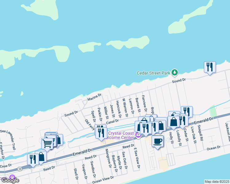 map of restaurants, bars, coffee shops, grocery stores, and more near 8428 Sound Drive in Emerald Isle