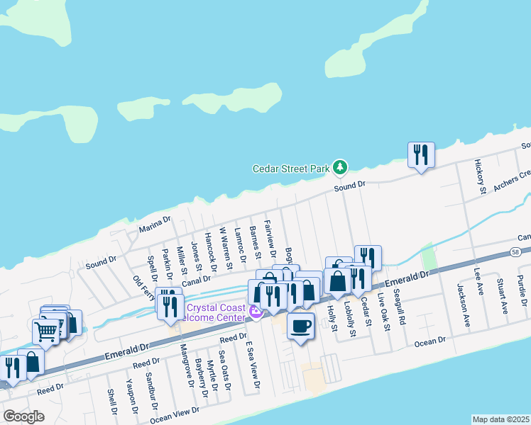 map of restaurants, bars, coffee shops, grocery stores, and more near 325 Fairview Dr in Emerald Isle