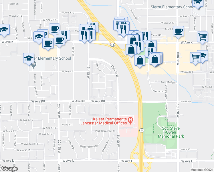 map of restaurants, bars, coffee shops, grocery stores, and more near 43308 16th Street West in Lancaster