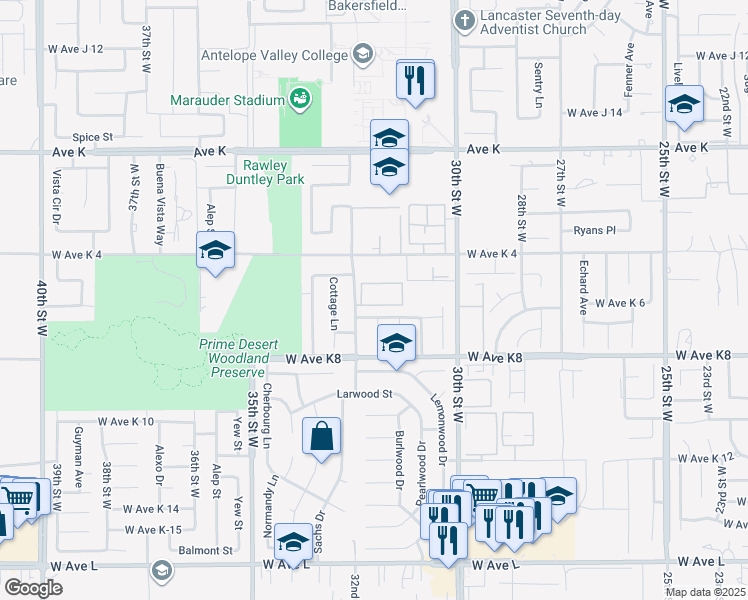 map of restaurants, bars, coffee shops, grocery stores, and more near 43334 32nd Street West in Lancaster