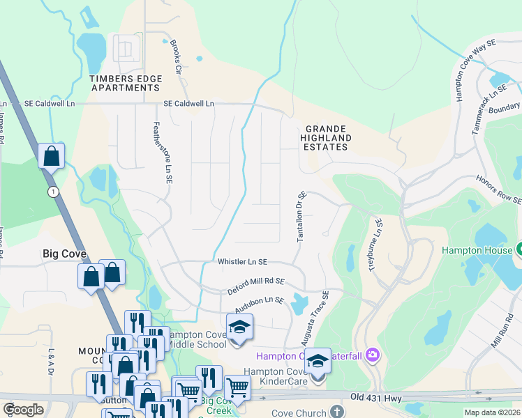 map of restaurants, bars, coffee shops, grocery stores, and more near 3036 Ginn Point Road SE in Owens Cross Roads