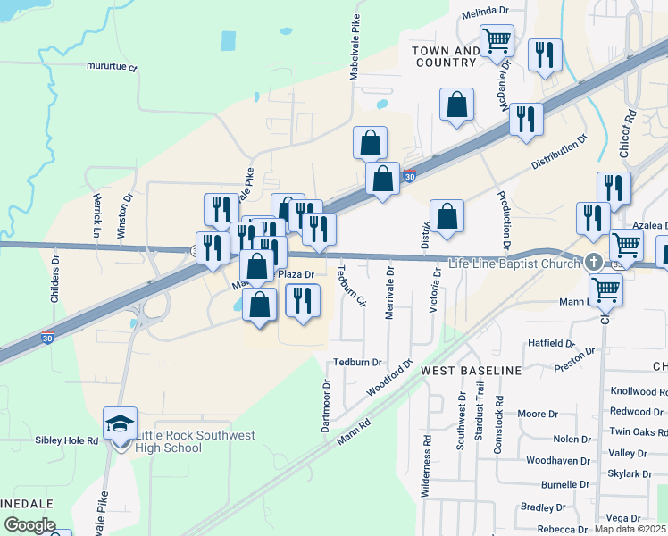 map of restaurants, bars, coffee shops, grocery stores, and more near 8815 Arkansas 338 in Little Rock