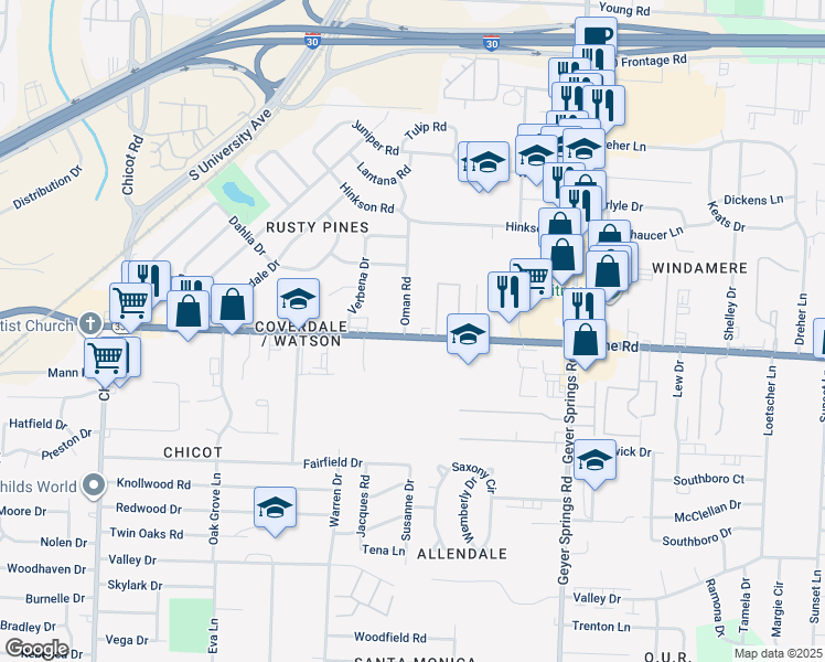 map of restaurants, bars, coffee shops, grocery stores, and more near 6520 Baseline Road in Little Rock