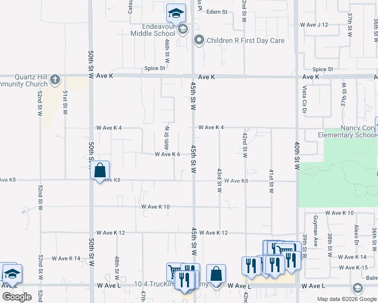 map of restaurants, bars, coffee shops, grocery stores, and more near 43309 45th Street West in Lancaster