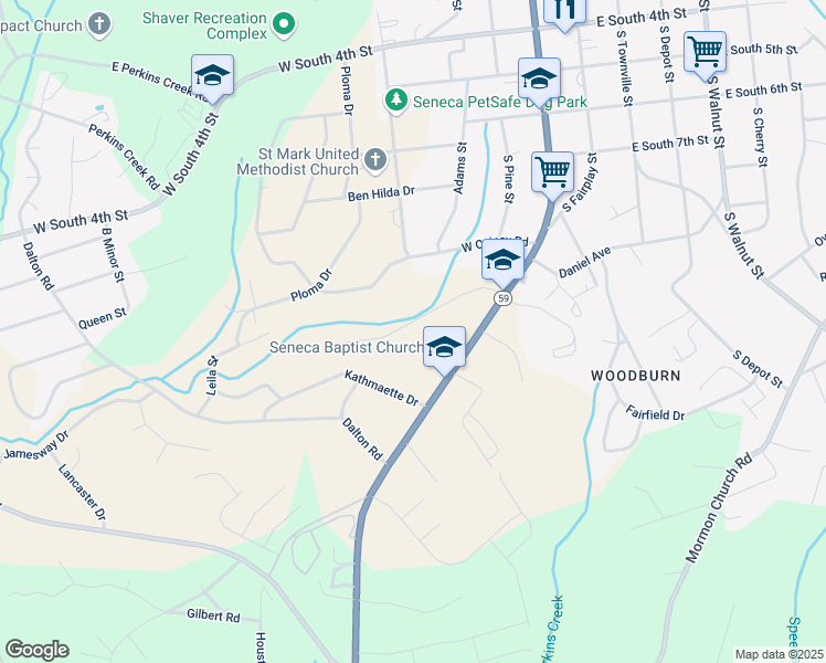 map of restaurants, bars, coffee shops, grocery stores, and more near 123 Julian Drive in Seneca