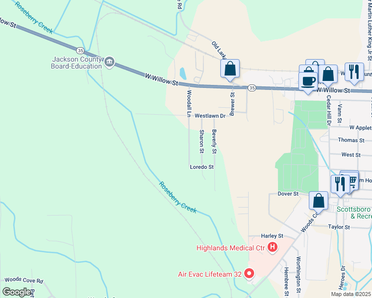 map of restaurants, bars, coffee shops, grocery stores, and more near 320 Woodall Lane in Scottsboro