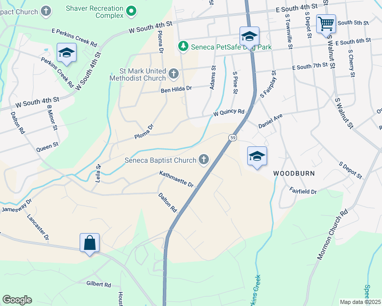 map of restaurants, bars, coffee shops, grocery stores, and more near 123 Julian Drive in Seneca