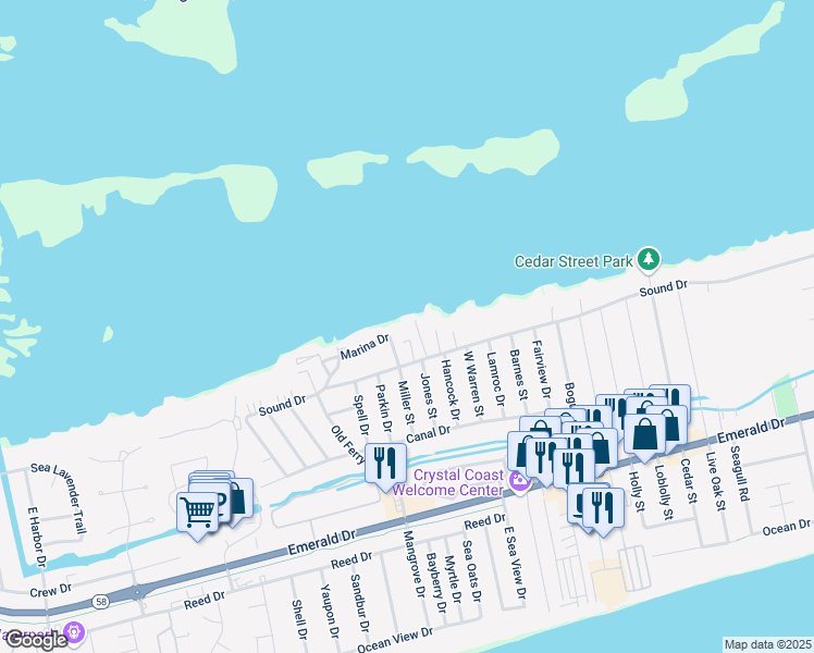 map of restaurants, bars, coffee shops, grocery stores, and more near 8514 Woodcliff Drive in Emerald Isle