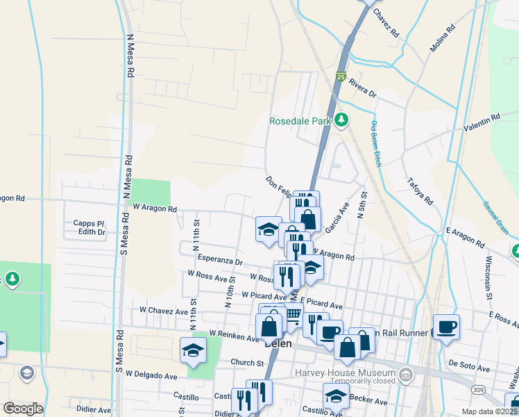 map of restaurants, bars, coffee shops, grocery stores, and more near 912 Molina Place in Belen