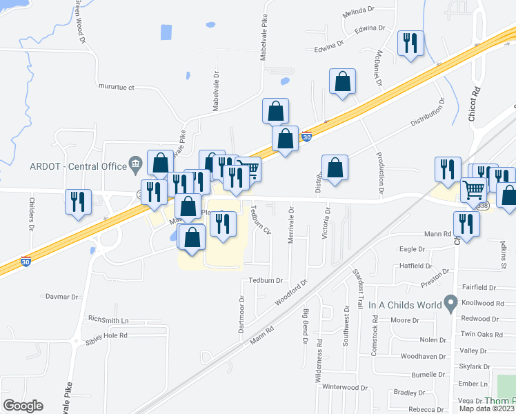 map of restaurants, bars, coffee shops, grocery stores, and more near 8711 Baseline Road in Little Rock