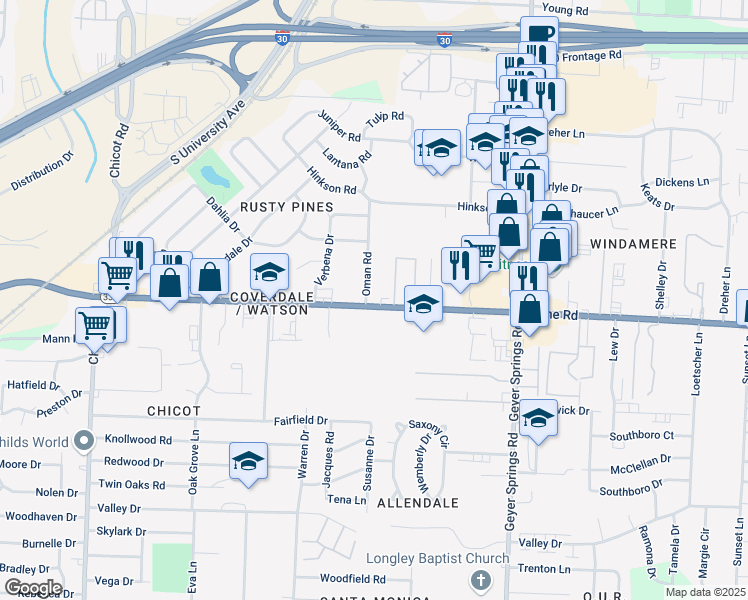 map of restaurants, bars, coffee shops, grocery stores, and more near 6520 Baseline Road in Little Rock