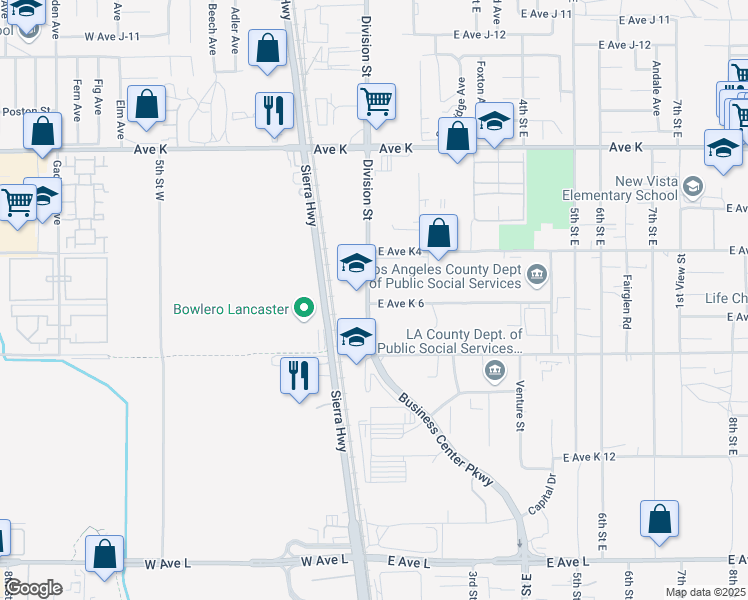 map of restaurants, bars, coffee shops, grocery stores, and more near West Avenue K6 in Lancaster