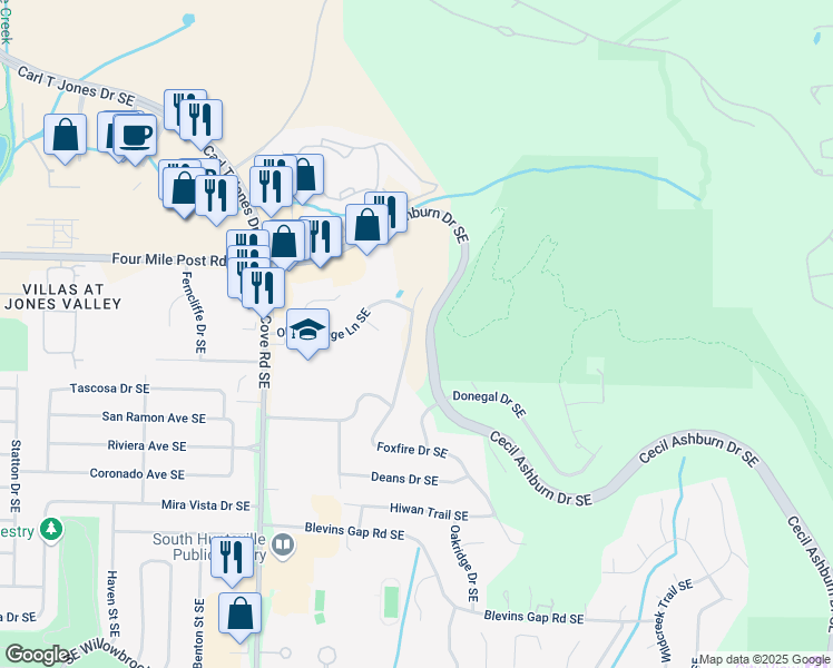 map of restaurants, bars, coffee shops, grocery stores, and more near 7603 Foxfire Drive Southeast in Huntsville
