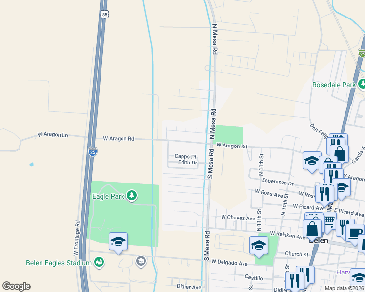 map of restaurants, bars, coffee shops, grocery stores, and more near 1619 West Aragon Road in Belen