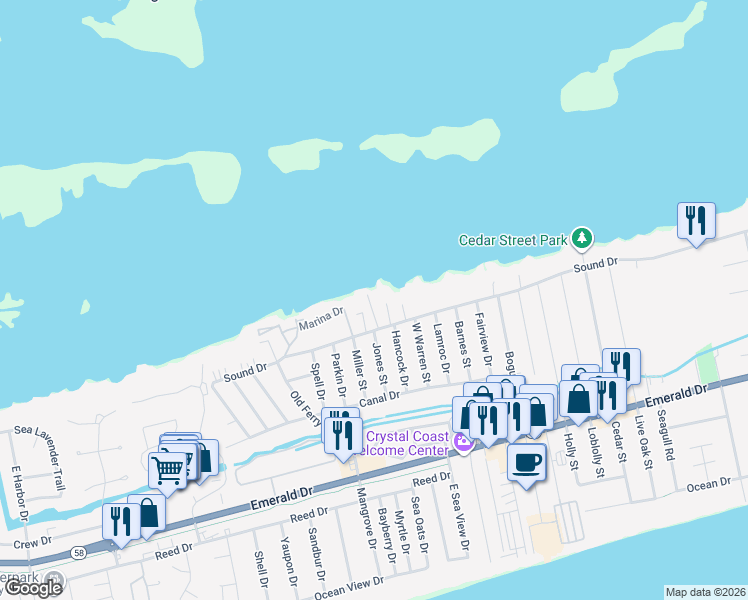 map of restaurants, bars, coffee shops, grocery stores, and more near 8510 Sound Drive in Emerald Isle