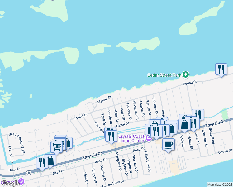 map of restaurants, bars, coffee shops, grocery stores, and more near 8514 Woodcliff Drive in Emerald Isle