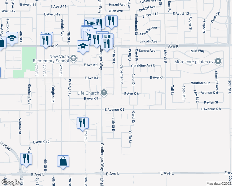 map of restaurants, bars, coffee shops, grocery stores, and more near 43300 11th Street East in Lancaster