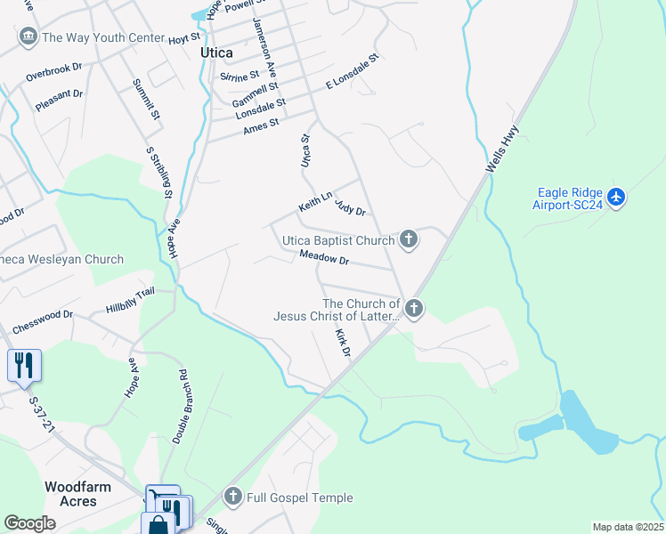 map of restaurants, bars, coffee shops, grocery stores, and more near 113 Meadow Drive in Seneca