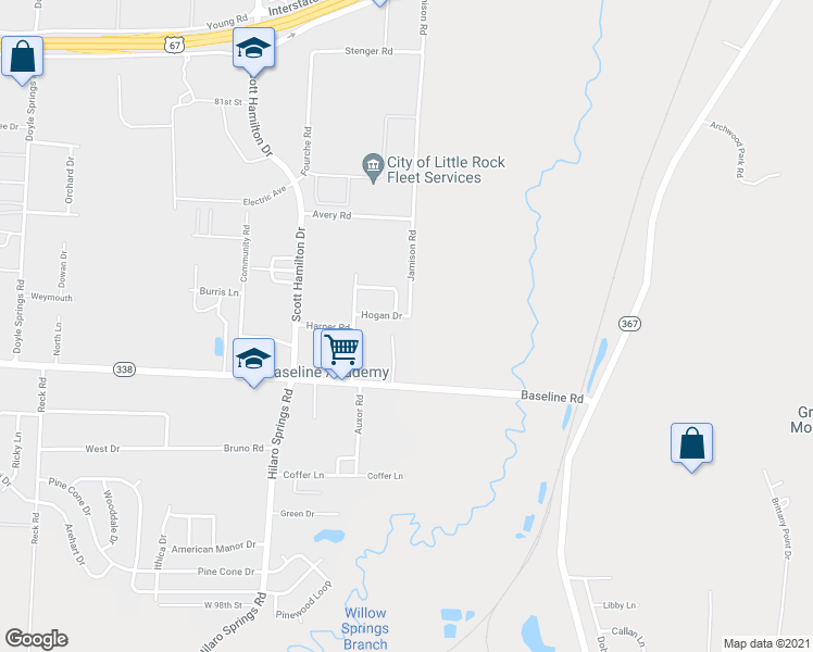 map of restaurants, bars, coffee shops, grocery stores, and more near 8 Hogan Drive in Little Rock