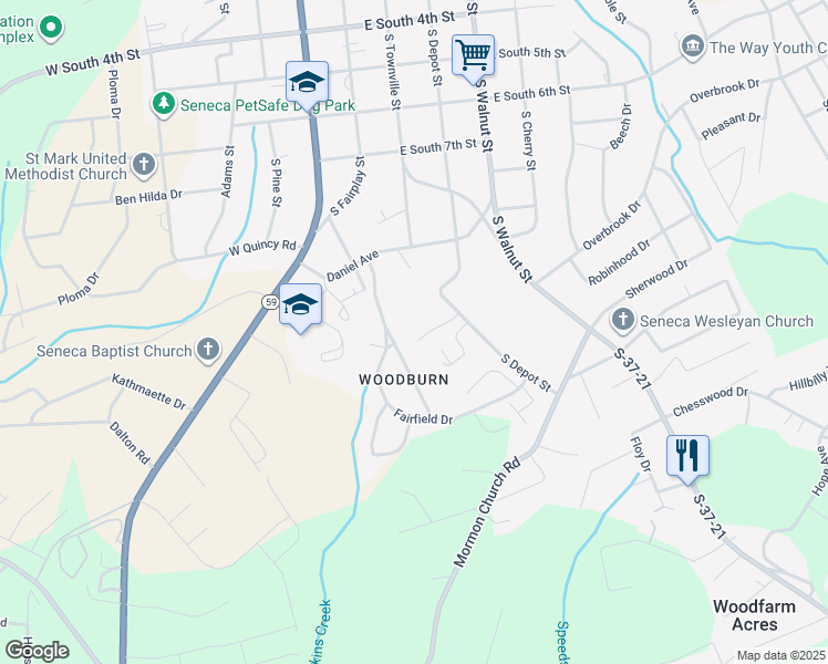map of restaurants, bars, coffee shops, grocery stores, and more near 110 Field Village Drive in Seneca