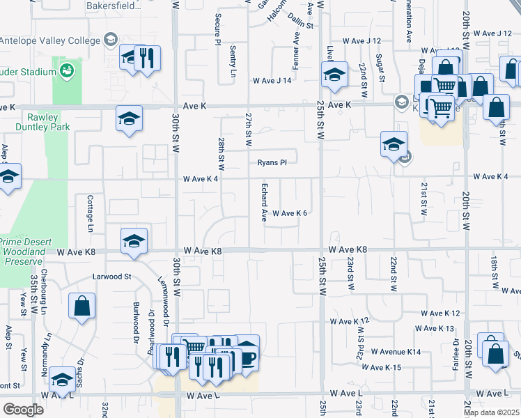 map of restaurants, bars, coffee shops, grocery stores, and more near 43300 27th Street West in Lancaster