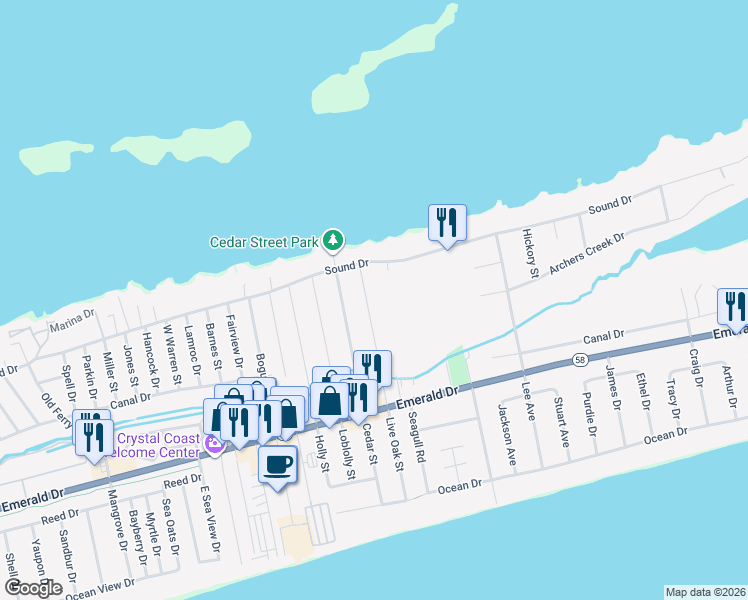 map of restaurants, bars, coffee shops, grocery stores, and more near 321 Live Oak Street in Emerald Isle