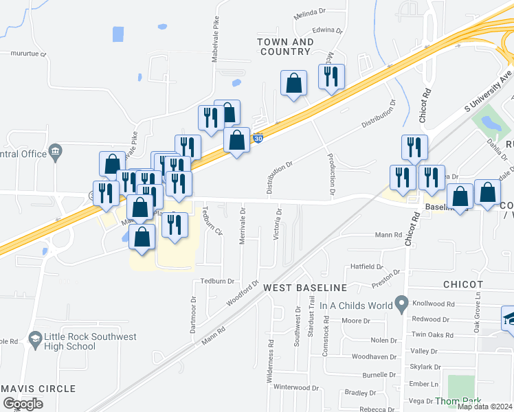 map of restaurants, bars, coffee shops, grocery stores, and more near 8419 Baseline Road in Little Rock
