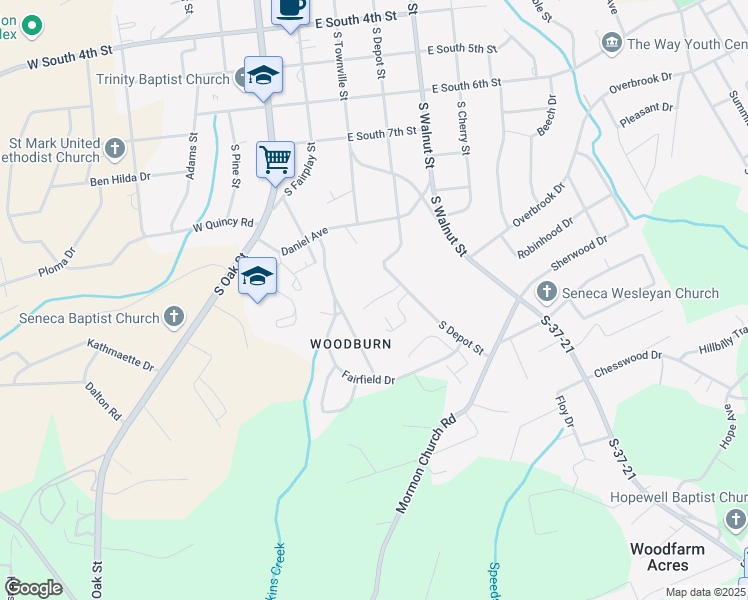 map of restaurants, bars, coffee shops, grocery stores, and more near 106 Field Village Drive in Seneca