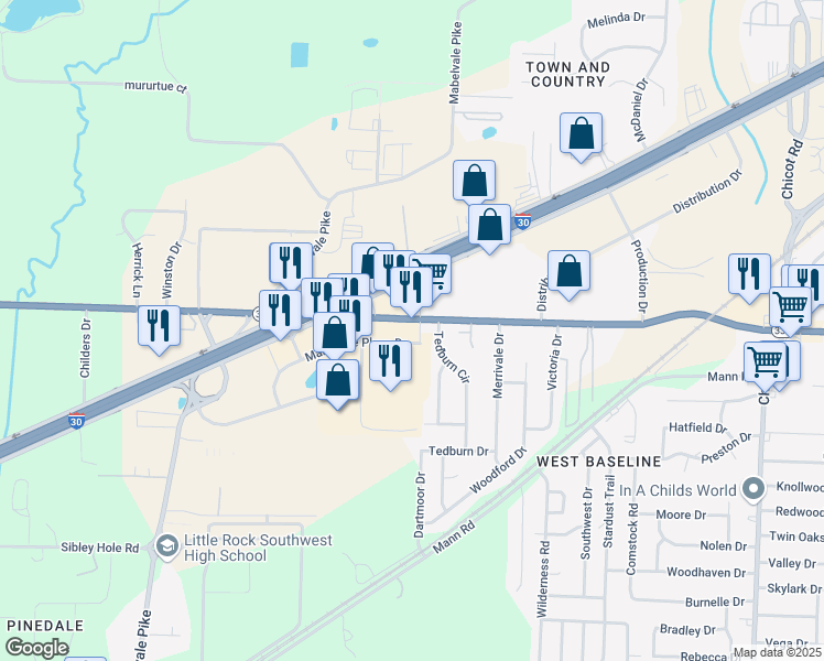 map of restaurants, bars, coffee shops, grocery stores, and more near 8815 Arkansas 338 in Little Rock